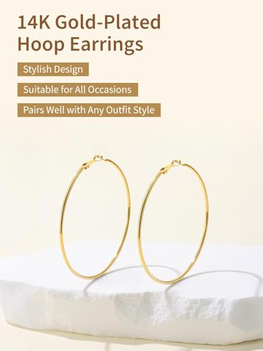 FindChic Thin Hoop Earrings for Women,Silver/Black/Gold Plated 20-100mm - color: Gold, size: 70mm