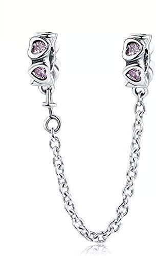 Heart Safety Chain Charms 925 Sterling Silver Love Beads fit Bracelet & Necklace - color: Pink