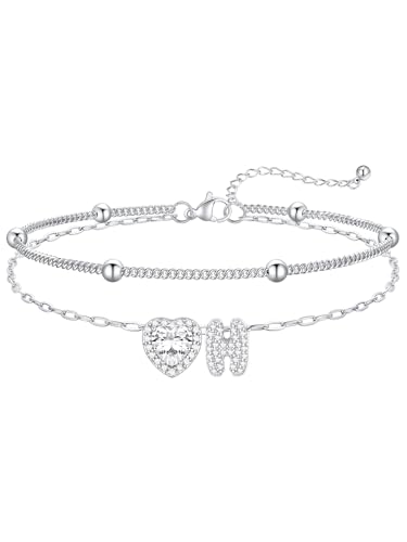 FaithHeart Waterproof Initial Ankle Bracelets for Women, Initial Anklets with Heart CZ Stainless Steel Layered Letter A-Z Anklet No Tarnish Ankle Jewelry - color: Silver, size: Initial H