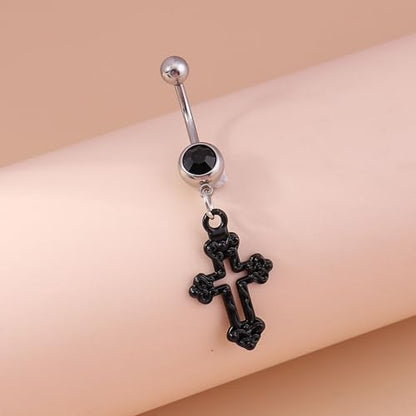 Silver Belly Button Ring Crystal Spider Dangle Belly Ring Sparkly Cubic Zirconia Insect Navel Ring Surgical Steel Belly Navel Piercing Jewelry for Women Girls - style: cross