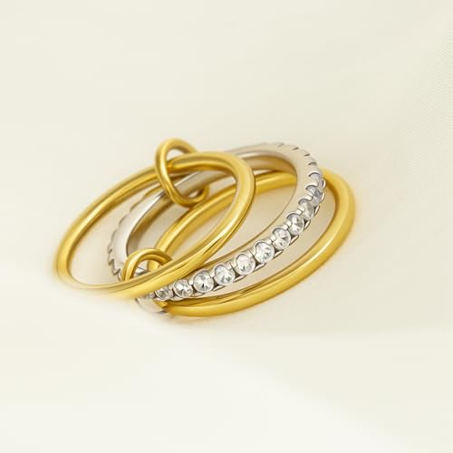 Gold Stackable Rings for Women Non Tarnish, 18k Gold Plated Cubic Zirconia Rings, Silver Gold Multi Ring Mixed Metals Stack Rings Set - color: Gold, size: 6