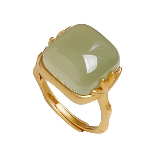 Vintage Green Bamboo Hetian Jade Statement Ring for Women Delicate Chinese Style Handmade Gemstone Adjustable Open Wrap Finger Band Fashion Cocktail Party Stacking Rings Elegant Wedding Jewelry