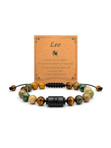Zodiac Bracelet for Women and Men, Zodiac Sign Natural Stone Beaded Bracelet, Adjustable Horoscope Astrology Bracelet with Zodiac Card, Birthday Gift for Her Him - color: Leo