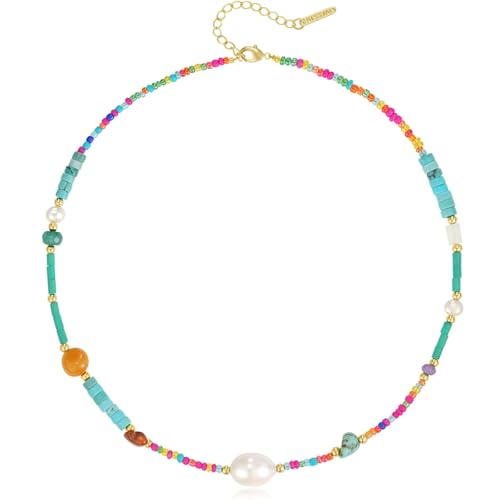 KissYan Beaded Choker Necklace for Women, Colorful Natural Gemstones Pearl Choker 14K Gold Plated Pendant Healing Crystal Necklace Handmade Stone Jewelry Gift | 14K Gold Plated Pendant Necklaces, Natural Gemstones Pearl Choker, Healing Crystal Chain, Hand