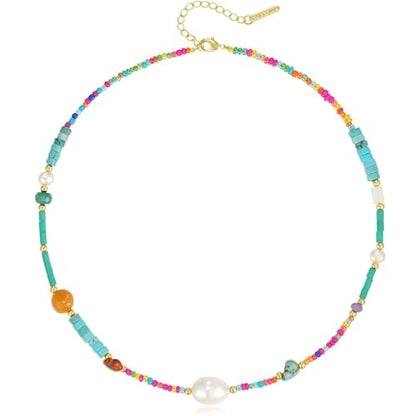 KissYan Beaded Choker Necklace for Women, Colorful Natural Gemstones Pearl Choker 14K Gold Plated Pendant Healing Crystal Necklace Handmade Stone Jewelry Gift | 14K Gold Plated Pendant Necklaces, Natural Gemstones Pearl Choker, Healing Crystal Chain, Hand