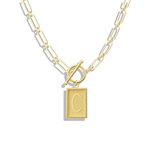 Tewiky Gold Initial Necklaces for Women, Square Letter Pendant Necklace | Toggle Clasp，Trendy 14K Gold Plated Dainty Paperclip Chain Necklaces for Women，Jewelry Gifts - style: Gold C