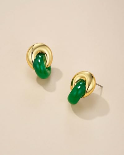 Small Twist Interlock Chunky 18K gold plated Gemstone Natural Stone (Brown, Green, Pink, White) Statement Earrings for Women by SNGIA, Dainty Love Knot Tiger Eye Amber Jade Tourmaline Bold Handmade Exaggerated Dome Retro Rounded Button Half Ball Trendy Bo