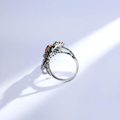 Boho Retro Rhinestone Ring Ethnic Big Flower Crystal Finger Ring Trendy Statement Tribal Indian Dance Costume Ring Jewelry for Women - color: Silver-red