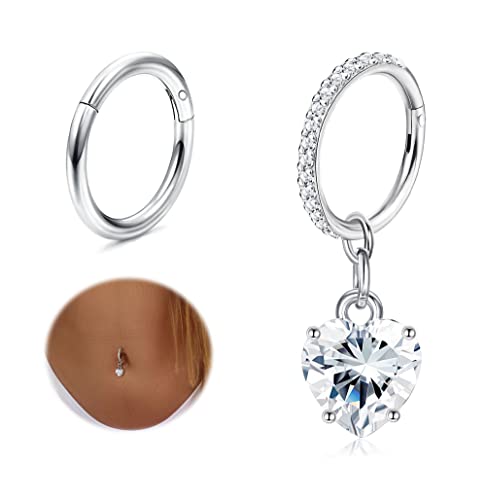 THUNARAZ 14G Hoop Belly Button Rings for Women CZ Clicker Navel Piercing | Surgical Stainless Steel Belly Navel Rings, Hoop Heart Butterfly Dangle Belly Piercing Jewelry - color: Silver Tone-Heart