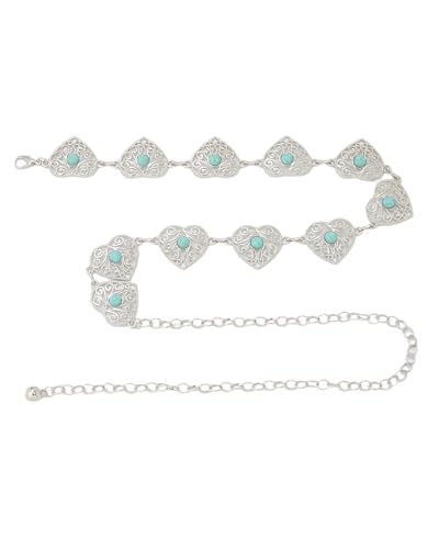 WELROG Metal Waist Chain Belt for Women - Pearls Gold Silver Chain Belts for Dresses Jeans - color: Heart-shaped turquoise (silver)