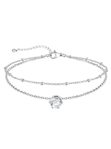 U7 Silver Ankle Bracelet for Women, Waterproof Layered Ankle Round Gem Birthstone Anklets, Summer Beach Foot Jewelry, Adjustable 8.5"-10.5" - color: 04.April-White Diamond