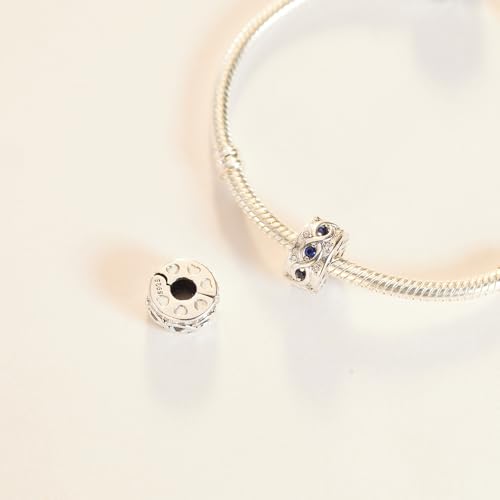 KEQ Clip Spacer Charm for Bracelet 925 Silver Pave Cubic Zirconia Clip Lock Stopper Bead Spacer For Women Bracelets Stopper Birthday Gifts European Openable Beads 2pcs - color: Infinite Blue Zircon