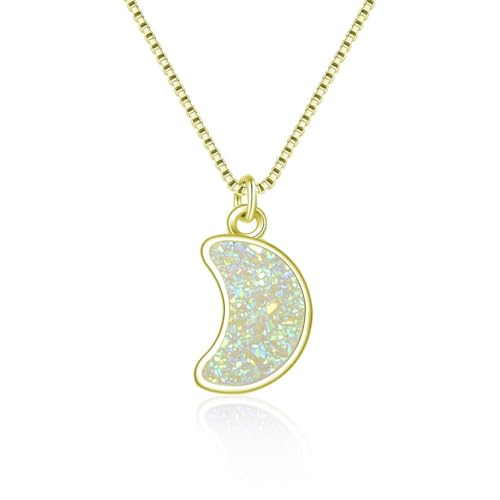 Adabele Natural Druzy Necklace Small Tiny Moon Gemstone Pendant 18 inch Sparkly Agate Stone Crystal Women Jewelry Tarnish Resistant Stainless Steel/Gold Plated Chain - color: Crystal AB druzy - gold plated