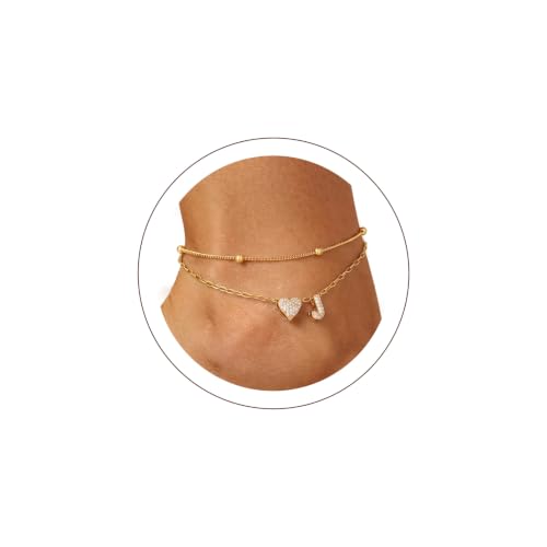 KeyStyle Heart Initial Ankle Bracelets for Women, Layered CZ A-Z Letter | 14K Gold Plated or Silver Stainless Steel Anklet, Hypoallergenic Waterproof Layered Jewelry for Daily Wear & Special Gifts - color: Gold-J