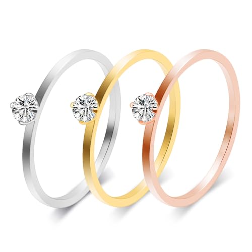 Women Stainless Steel Solitaire Stackable Ring Non Tarnish - color: 1mmGold + Silver + Rose Gold, size: 5