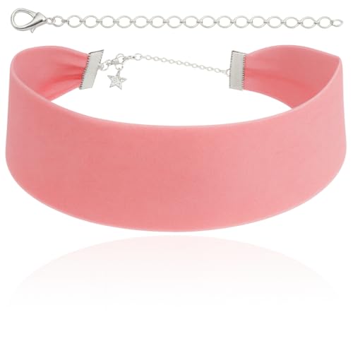 Velvet Choker for Women, Wide 1.5" 90s Ribbon Adjustable 12–18" with Stainless Steel Clasp, Soft Skin-Friendly Velvet — Black - color: Pink