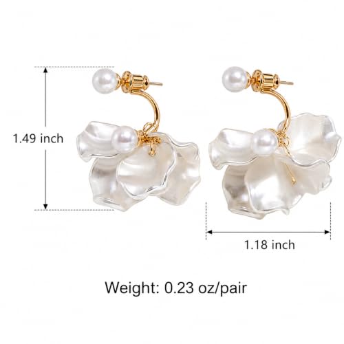 White Petal Pearl Drop Earrings for Women, Irregular Shell Flower Dangle Earrings with Gold Hoop, Elegant Statement Jewelry for Wedding Party