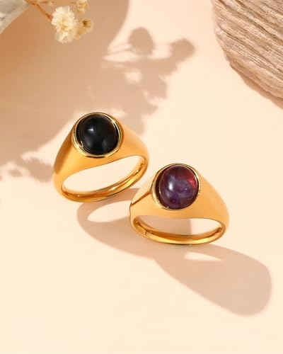 YeGieonr Gold Signet Rings for Women Non Tarnish Gold Rings, Waterproof Gemstones Statement Ring, 18K Gold Plated Stainless Steel Gem Stone Jewelry Gift for Everyday Wear - color: Amethyst