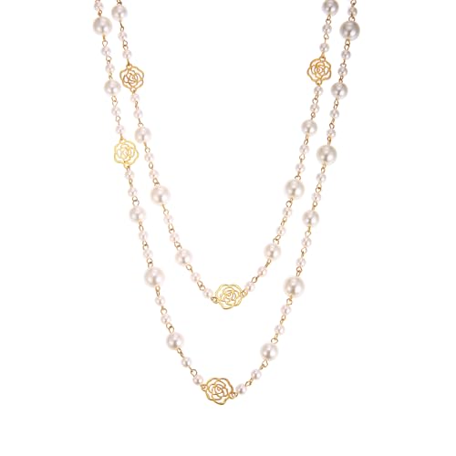 Simulated Pearl Strand Layered Necklace for Women, Multi Strand Long Necklace, Dainty Sweater Necklace for Party Costume Jewelry - style: Rose