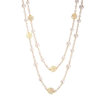 Simulated Pearl Strand Layered Necklace for Women, Multi Strand Long Necklace, Dainty Sweater Necklace for Party Costume Jewelry - style: Rose