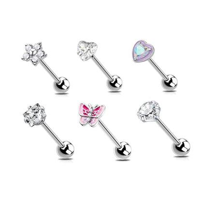 6Pcs Surgical Steel CZ Tongue Rings Sparkling Round Heart Flower Pink Butterfly Tongue Barbell Tongue Piercing Jewelry for Women