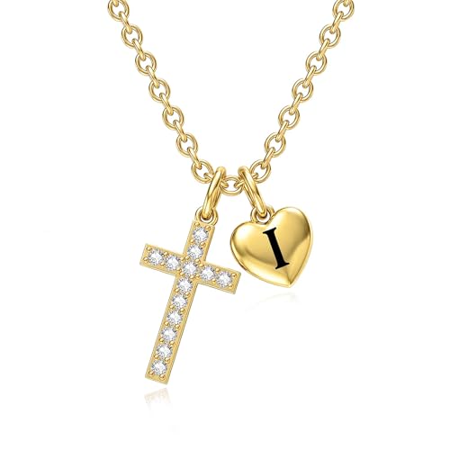 14K Gold Cross Necklace for Women Initial Letter Pendant Necklaces for Women, 14K Gold Dainty Simple Monogram Alphabet Necklace with Cable Chain, Birthday Gifts for Women - style: 14K Gold I