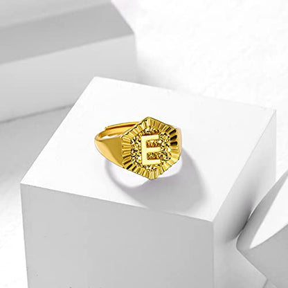 U7 Initial Ring Wedding Band for Men Women 18K Gold Plated Statement Hexagon A-Z Letter Jewelry Personalized Stackable Signet Rings - color: P