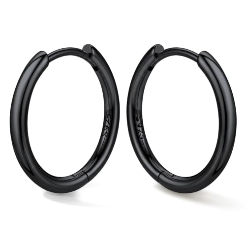 Bestyle Sterling Silver Small Hoop Earrings for Women, Hypoallergenic Silver/Black/Rose Gold/Gold Small Huggie Hoops Helix Cartilage Earring for Multiple Piercing Sleep, Size 8/10/12/14/16/18/20mm - color: Black-Sterling Silver, size: 12mm