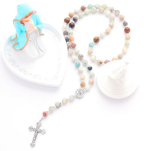 Rosary for Men Women, Natural Stone Beads with St. Benedict Bracelet | 8 mm Natural Stone Prayer Beads with 10 mm Accent Beads, St. Benedict Crucifix, Matching Bracelet, Gift Box and Pouch. - color: Amazonite