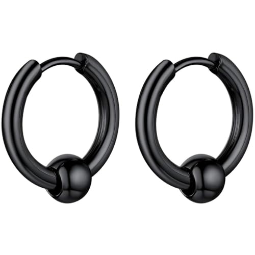 ChainsHouse Stud Earrings for Men Women,316L Stainless Steel/14K Gold/Black Plated Metal, Punk Hypoallergenic Surgical Huggie Hoop Earrings Mens Jewelry Piercing Hoop Earrings - style: B: Black-Bead Hoop(1 Pair)
