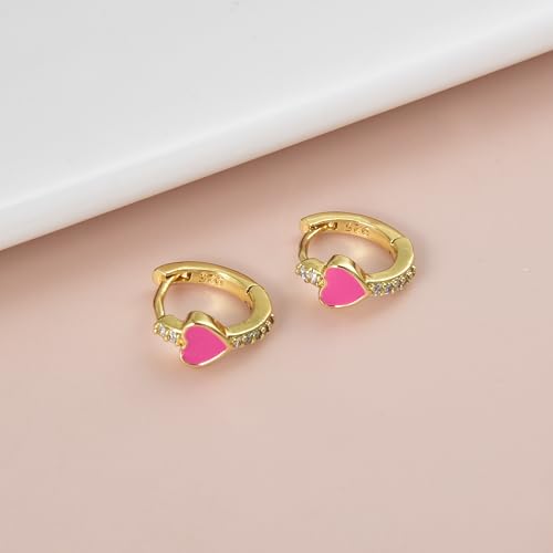 Enamel Heart Huggie Hoop Earrings with Cubic Zirconia Silver Small Hinged Hoops for Women - color: Heart Red Enamel
