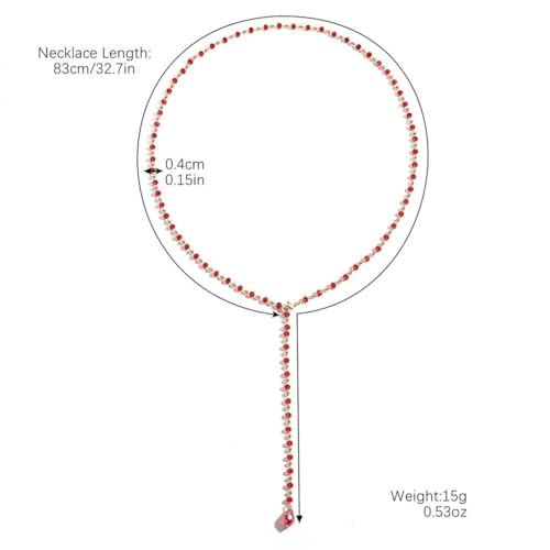 Long Faux Pearl Beaded Y Tassel Lariat Necklace for Women,Boho Dainty Chain Crystal Rhinestone Statement Necklace Fashion Lightweight Jewelry Gifts - color: Red