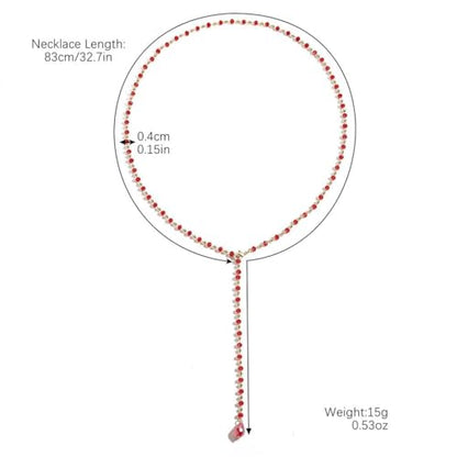 Long Faux Pearl Beaded Y Tassel Lariat Necklace for Women,Boho Dainty Chain Crystal Rhinestone Statement Necklace Fashion Lightweight Jewelry Gifts - color: Red