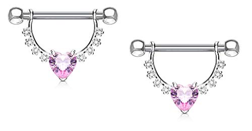 Forbidden Body Jewelry Pair of Surgical Steel 1/2 Inch (12mm) D-Ring Style CZ Heart Dangle Nipple Barbells - color: Clear/Pink