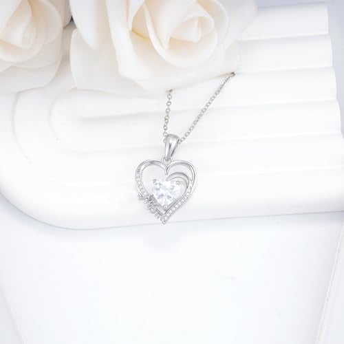 Sterling Silver Mom Heart Pendant Necklace for Women- Classic Adjustable Double Love Heart-Shaped Charm Necklace Hypoallergenic Cubic Zirconia Fashion Jewelry Gifts for Wife Mother