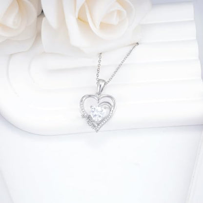 Sterling Silver Mom Heart Pendant Necklace for Women- Classic Adjustable Double Love Heart-Shaped Charm Necklace Hypoallergenic Cubic Zirconia Fashion Jewelry Gifts for Wife Mother