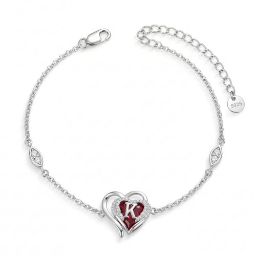 Initial Bracelet for Women 925 Sterling Silver Heart Angel Wings Initial Bracelet Anniversary Birthday Mothers Day Jewelry for Mom Her Wife - color: K
