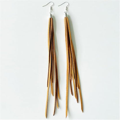 Leather Tassel Earrings Bohemian Tassel Fringe Dangle Earrings Boho Handmade Leather Feather Long Tassel Earrings Western Jewelry for Women - color: Brown