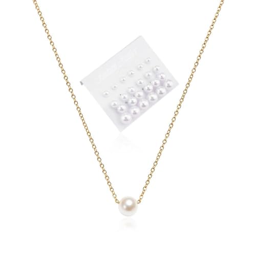 Pearl Earring and Necklace for Wedding Earring Necklace Pearl Accessory | 12 Pairs Pearl Stud Earring, Gold Pearl Choker Necklace, Birthday Christmas Gift for Bride, Engagement Pearl Earring Necklace - color: single pearl