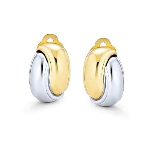Bling Jewelry Two Tone Interlocking Circle Dome Half Hoop Clip On Earrings Non Pierced Polished Silver Tone 14K Gold Plated Brass