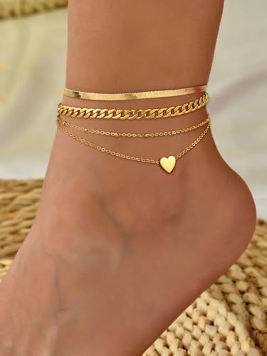FOCALOOK Anklet Bracelets Set for Women, 14K Gold Plated Layered Anklet Set | Adjustable for Large Ankle, Cuban/Snake/Figaro/Paperclip Chain, Waterproof & Non Tarnish for Everyday Wear, Beach & Summer - color: B:3Pcs-Anklet Set-Gold