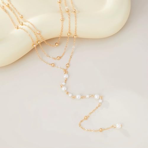 Trendy Gold Layered Small Beaded Pearl Long Tassel Lariat Y Necklaces for Women, Dainty Beads Pearls Drop Necklace Statement Charm Party Jewelry Gift - color: Gold