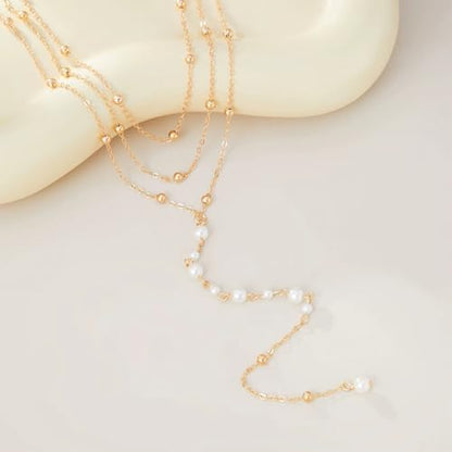 Trendy Gold Layered Small Beaded Pearl Long Tassel Lariat Y Necklaces for Women, Dainty Beads Pearls Drop Necklace Statement Charm Party Jewelry Gift - color: Gold
