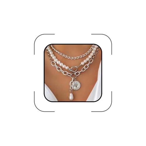 Chunky Layered Pearl Necklaces Set for Women Big Coin OT Choker Necklace | Gold,silver,layering,pearls,stack,pearl jewelry,drop,baroque,buckle,beaded,chain,statement,clasp,toggle,accessories,gift - color: Color-2