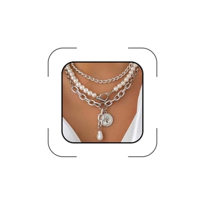 Chunky Layered Pearl Necklaces Set for Women Big Coin OT Choker Necklace | Gold,silver,layering,pearls,stack,pearl jewelry,drop,baroque,buckle,beaded,chain,statement,clasp,toggle,accessories,gift - color: Color-2