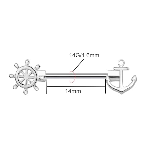 14G Wrench Barbell Nipple Ring 316L Anchor and Rudder Nipple Barbell Screw Nipple Rings Body Piercing Jewelry for Women Men - color: Silver-Anchor and Rudder