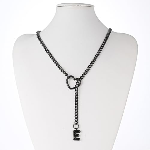 sroyte Black Heart Slip Chain Initial Necklaces for Women,Stainless Steel O-Ring Adjustable Lariat Heart Y-Necklace,Punk Gothic Cuban Collar Choker Necklace for women - color: Black E