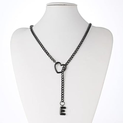 sroyte Black Heart Slip Chain Initial Necklaces for Women,Stainless Steel O-Ring Adjustable Lariat Heart Y-Necklace,Punk Gothic Cuban Collar Choker Necklace for women - color: Black E