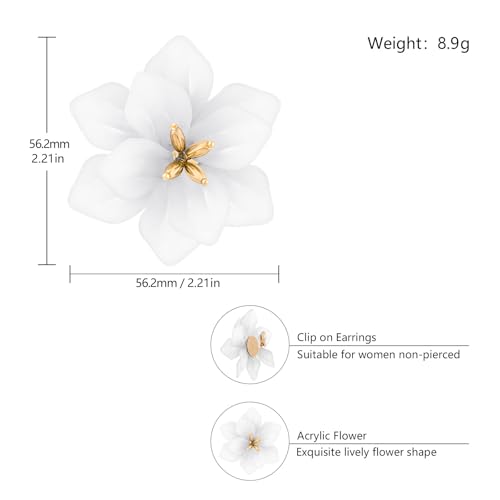 LAXPICOL Fashion Big Flower Clip On Earrings For Women Cute Lovely Acrylic Flower Earrings No piercing Earrings 2.36" - color: white