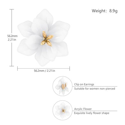 LAXPICOL Fashion Big Flower Clip On Earrings For Women Cute Lovely Acrylic Flower Earrings No piercing Earrings 2.36" - color: white